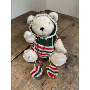 Gorham Christmas Teddy Bear Plush White W/ Green & Red Knit Outfit 15" Vintage 1